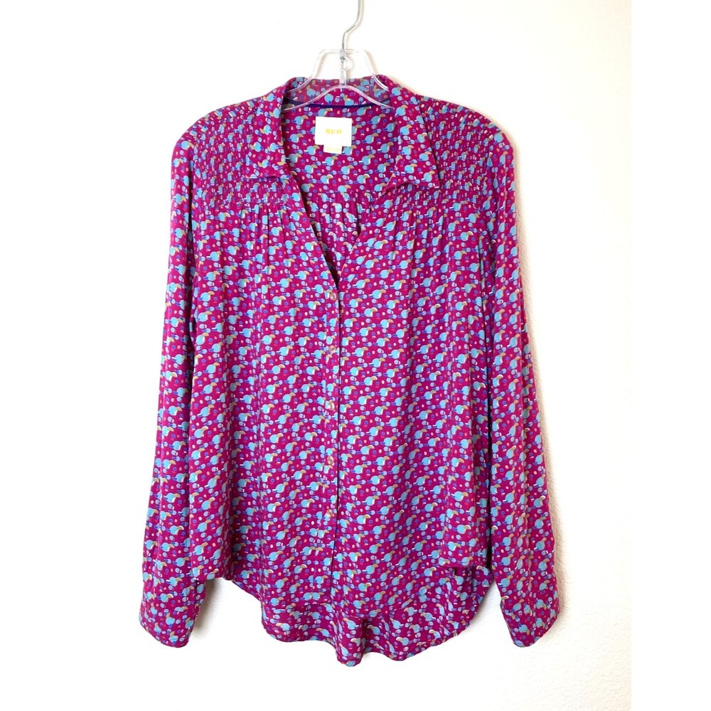 Maeve Anthropologie V-Neck Button Up Blouse Size 4 Smocked Shoulder Magenta Pink